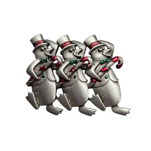 JJ Jonette Christmas Penguins Brooch Pin Signed Dancing Penguins Candy Canes